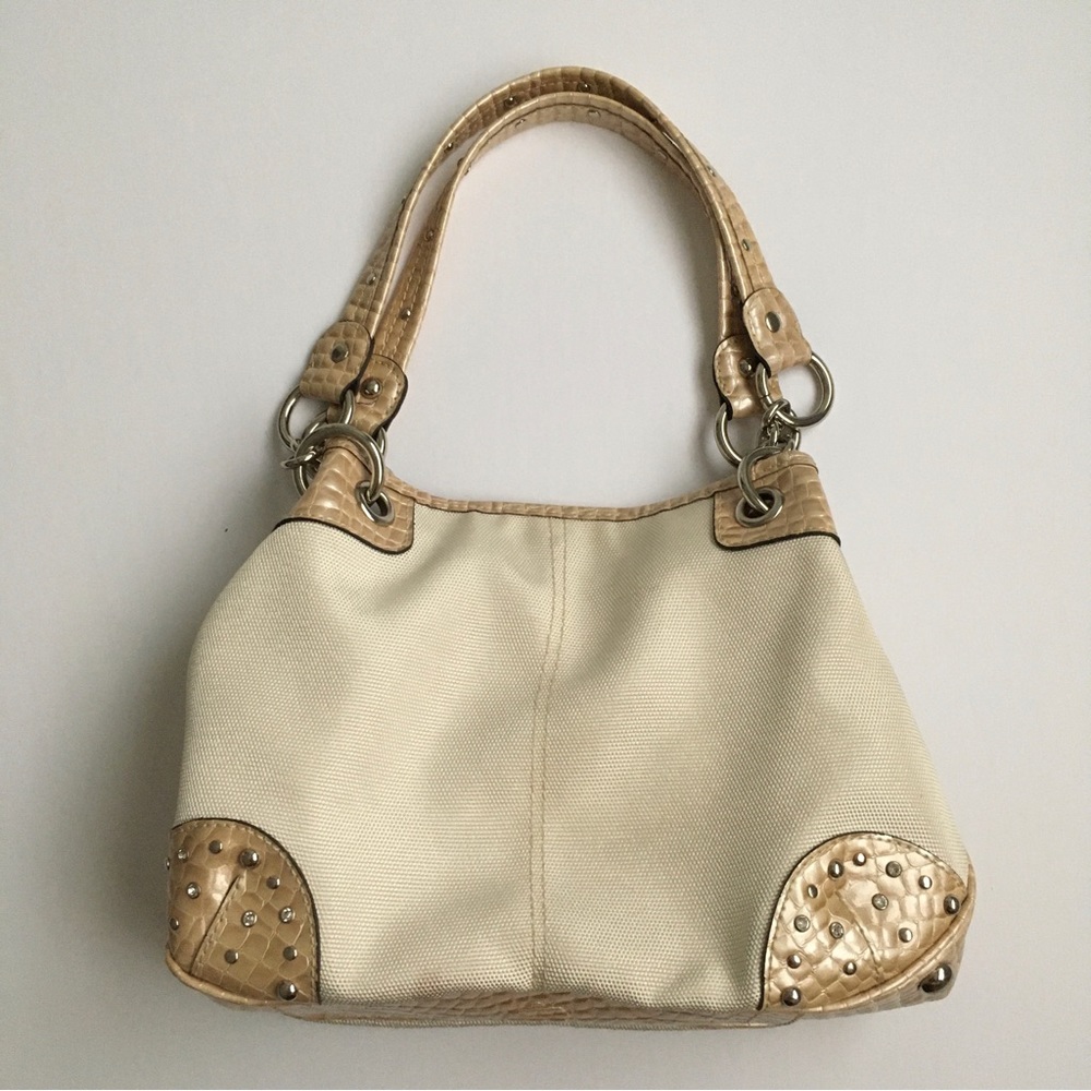 Kathy Van Zeeland ivory cream taupe studded shoulder bag purse